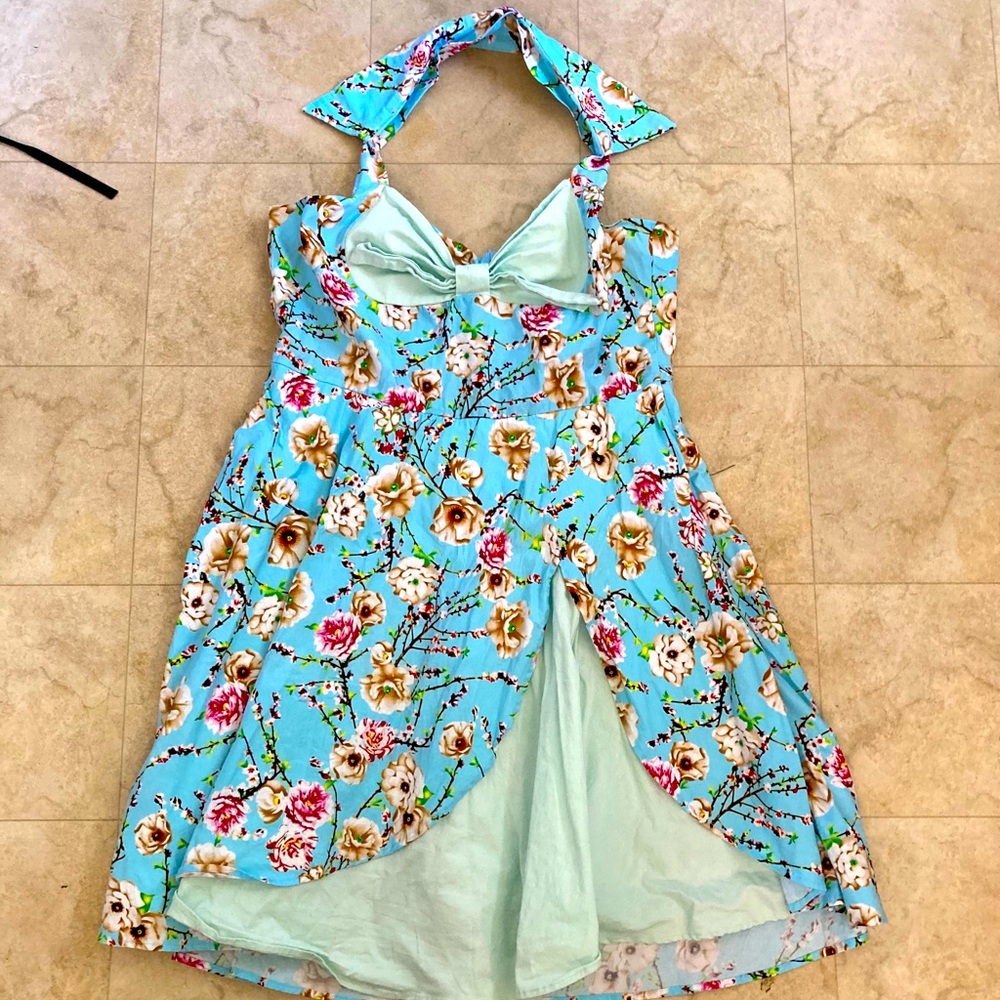 1950s style Light Blue and Green Halter Dress
